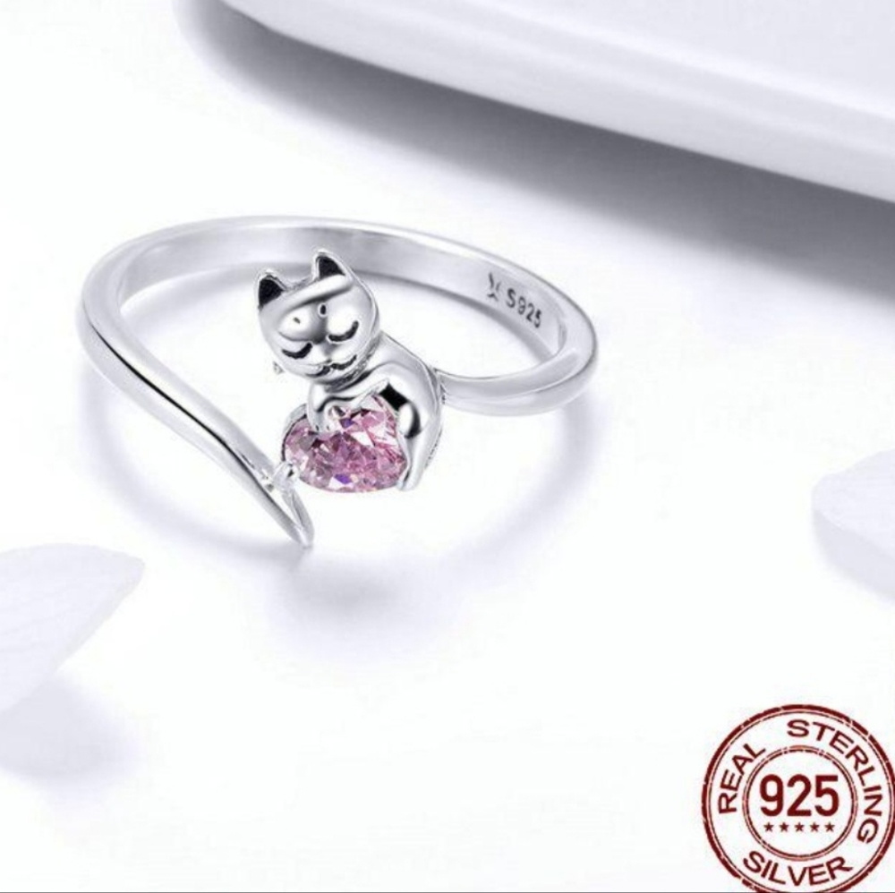 925 Sterling Pink Diamond Cat Ring